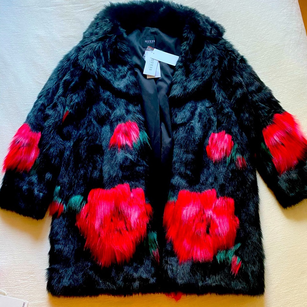 Women’s New Guess Fur Coat Black with Red Roses